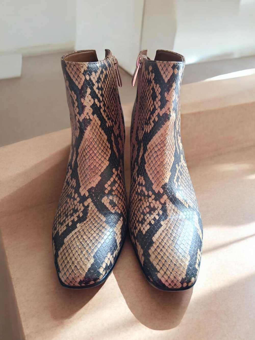 Franco Sarto Snake-Print Ankle Boots in Tan and Black - Picture 2 of 5